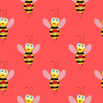 Seamless pattern with bees on pink background. Small wasp. Vector illustration イラスト素材
