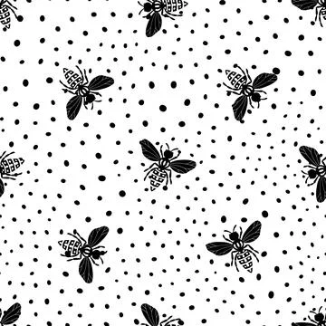 Seamless pattern with bees on polka dots background. Adorable cartoon wasp Illustrazione stock