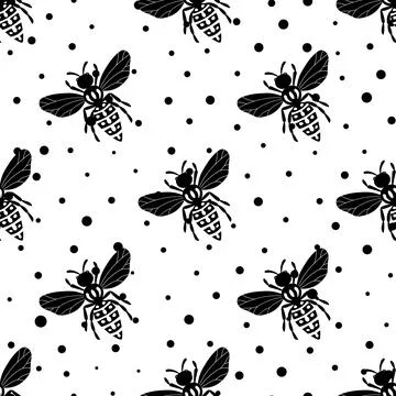 Seamless pattern with bees on polka dots background. Adorable cartoon wasp Stock Illustration