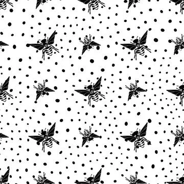 Seamless pattern with bees silhouette on white background. Adorable cartoon wasp Stock Illustration