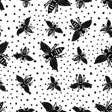 Seamless pattern with bees silhouette on white background. Adorable cartoon wasp Stock Illustration