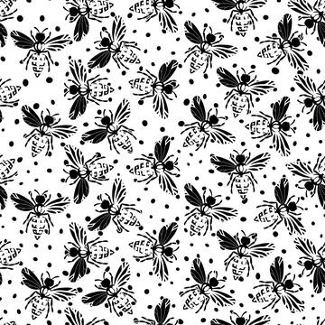 Seamless pattern with bees silhouette on white background. Adorable cartoon wasp Stock Illustration