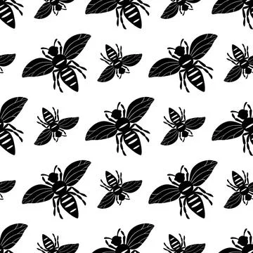 Seamless pattern with bees silhouette on white background. Adorable cartoon wasp Stock Illustration