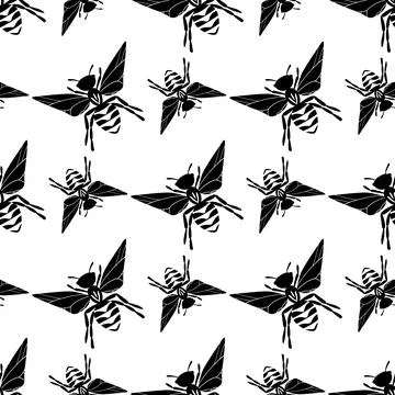 Seamless pattern with bees silhouette on white background. Adorable cartoon wasp Stock Illustration