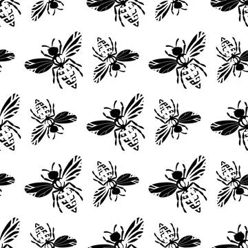 Seamless pattern with bees silhouette on white background. Adorable cartoon wasp Stock Illustration