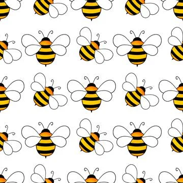 Seamless pattern with bees on white background. Small wasp. Vector illustration Stock Illustration