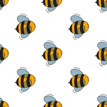 Seamless pattern with bees on white background. Small wasp. Vector illustration Stock Illustration