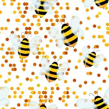 Seamless pattern with bees on white honeycomb background. Small wasp. Vector 库存插图