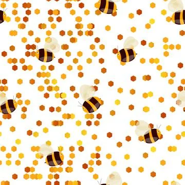 Seamless pattern with bees on white honeycomb background. Small wasp. Vector Stock Illustration
