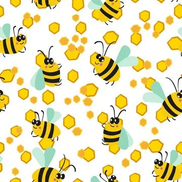 Seamless pattern with bees on white honeycomb background. Small wasp. Vector Stock Illustration