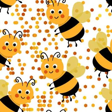 Seamless pattern with bees on white honeycomb background. Small wasp. Vector Stock Illustration