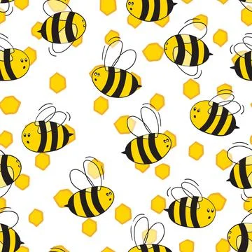 Seamless pattern with bees on white honeycomb background. Small wasp. Vector Stock Illustration