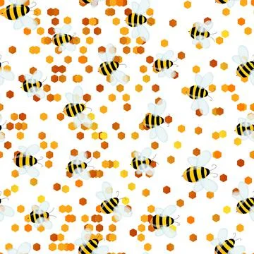 Seamless pattern with bees on white honeycomb background. Small wasp. Vector Stock Illustration