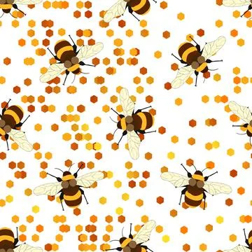 Seamless pattern with bees on white honeycomb background. Small wasp. Vector Stock Illustration