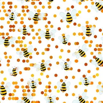 Seamless pattern with bees on white honeycomb background. Small wasp. Vector Illustrazione stock