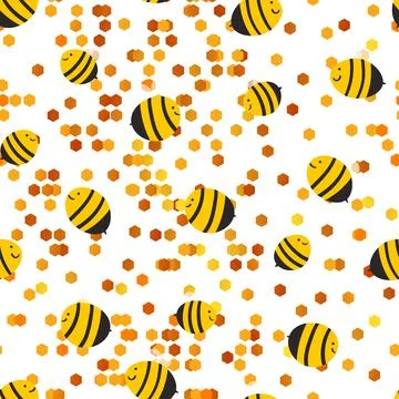 Seamless pattern with bees on white honeycomb background. Small wasp. Vector Stock Illustration