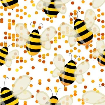 Seamless pattern with bees on white honeycomb background. Small wasp. Vector Illustrazione stock