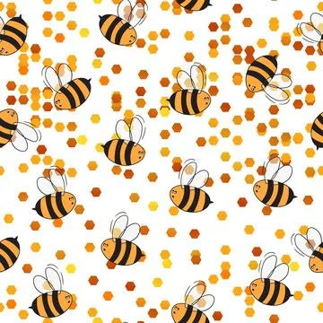 Seamless pattern with bees on white honeycomb background. Small wasp. Vector 库存插图