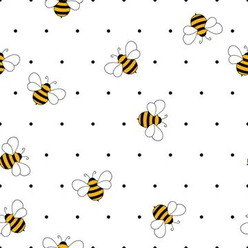 Seamless pattern with bees on white polka dots background. Small wasp. Vector Stock Illustration