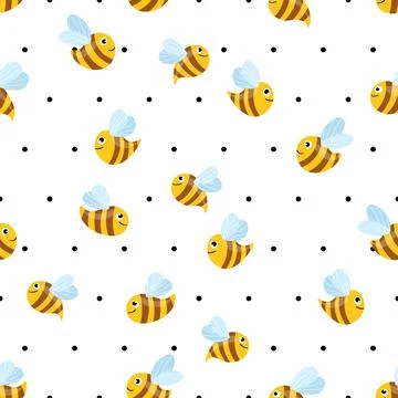 Seamless pattern with bees on white polka dots background. Small wasp. Vector 스톡 일러스트