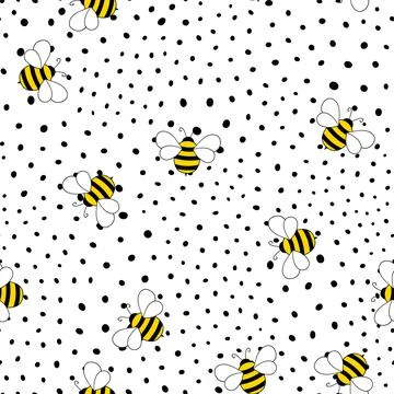 Seamless pattern with bees on white polka dots background. Small wasp. Vector Illustrazione stock