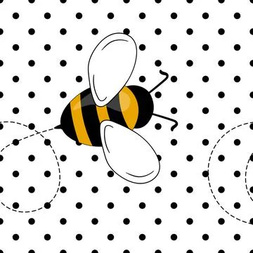 Seamless pattern with bees on white polka dots background. Small wasp. Vector Illustrazione stock