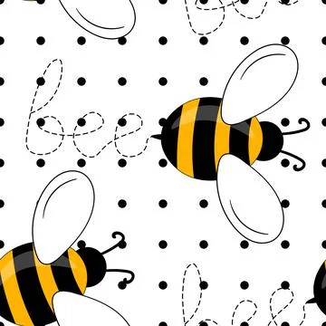 Seamless pattern with bees on white polka dots background. Small wasp. Vector Illustrazione stock