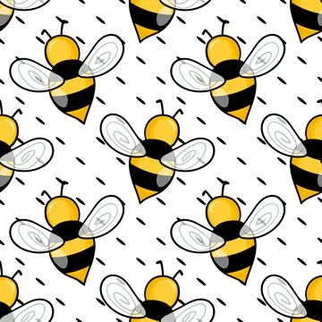 Seamless pattern with bees on white polka dots background. Small wasp. Vector Illustrazione stock