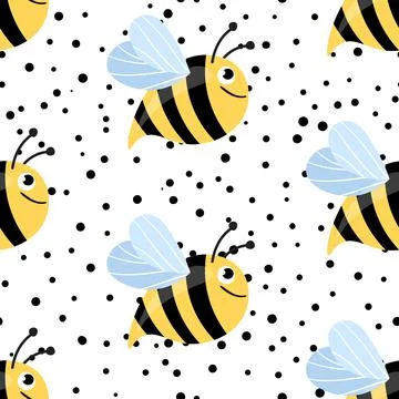 Seamless pattern with bees on white polka dots background. Small wasp. Vector Stock Illustration
