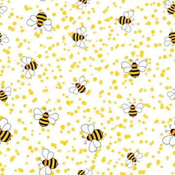 Seamless pattern with bees on white polka dots background. Small wasp. Vector Illustrazione stock