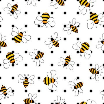 Seamless pattern with bees on white polka dots background. Small wasp. Vector Illustrazione stock