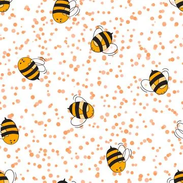 Seamless pattern with bees on white polka dots background. Small wasp. Vector Illustrazione stock