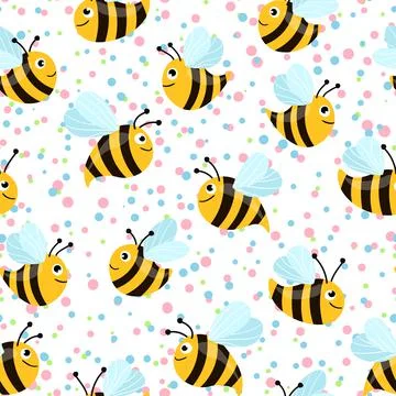 Seamless pattern with bees on white polka dots background. Small wasp. Vector Stock Illustration