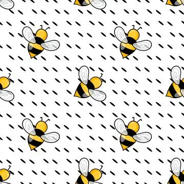 Seamless pattern with bees on white polka dots background. Small wasp. Vector Illustrazione stock