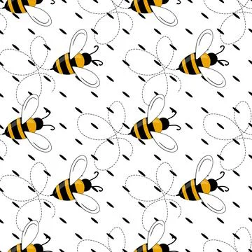 Seamless pattern with bees on white polka dots background. Small wasp. Vector Stock Illustration