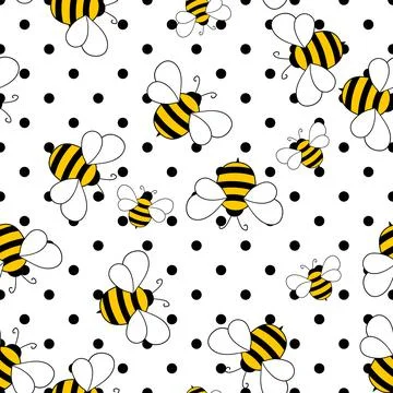 Seamless pattern with bees on white polka dots background. Small wasp. Vector Illustrazione stock