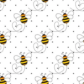 Seamless pattern with bees on white polka dots background. Small wasp. Vector Illustrazione stock