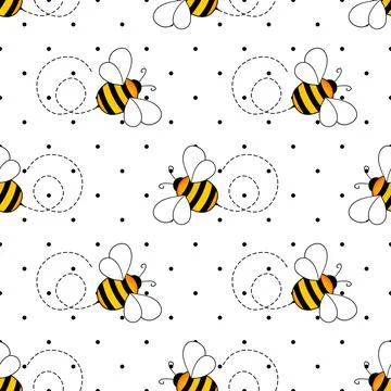 Seamless pattern with bees on white polka dots background. Small wasp. Vector Illustrazione stock