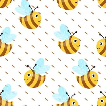 Seamless pattern with bees on white polka dots background. Small wasp. Vector Stock Illustration