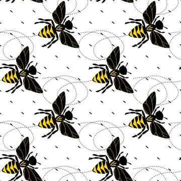Seamless pattern with bees on white polka dots background. Small wasp. Vector Illustrazione stock