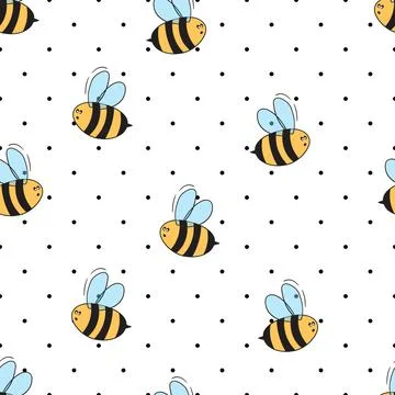 Seamless pattern with bees on white polka dots background. Small wasp. Vector Illustrazione stock