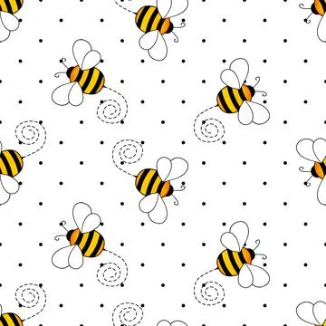 Seamless pattern with bees on white polka dots background. Small wasp. Vector Stock Illustration