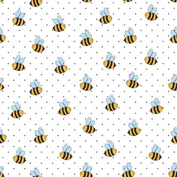 Seamless pattern with bees on white polka dots background. Small wasp. Vector Stock Illustration