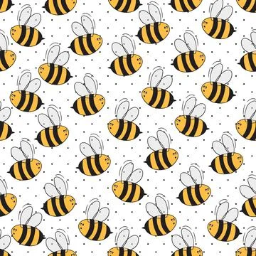 Seamless pattern with bees on white polka dots background. Small wasp. Vector Illustrazione stock