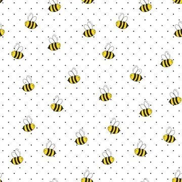 Seamless pattern with bees on white polka dots background. Small wasp. Vector Illustrazione stock