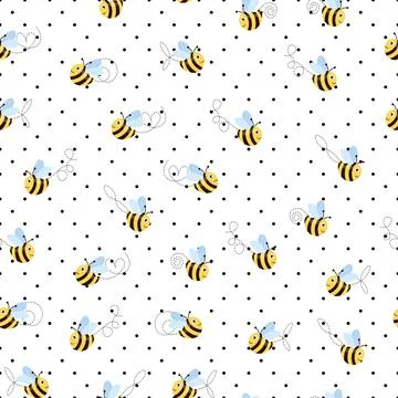 Seamless pattern with bees on white polka dots background. Small wasp. Vector Illustrazione stock