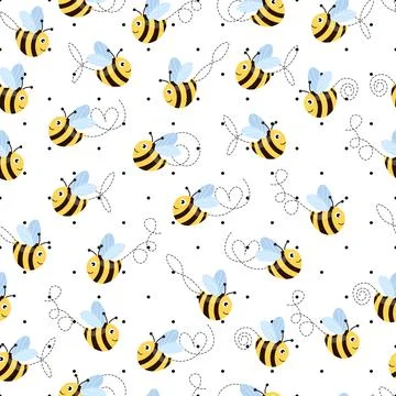 Seamless pattern with bees on white polka dots background. Small wasp. Vector Illustrazione stock