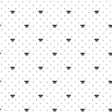 Seamless pattern with bees on white polka dots background. Small wasp. Vector Illustrazione stock