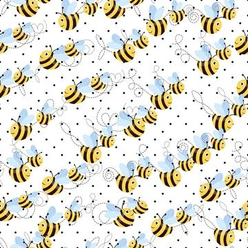 Seamless pattern with bees on white polka dots background. Small wasp. Vector イラスト素材