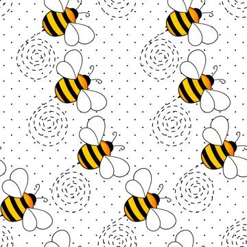 Seamless pattern with bees on white polka dots background. Small wasp. Vector Stock Illustration